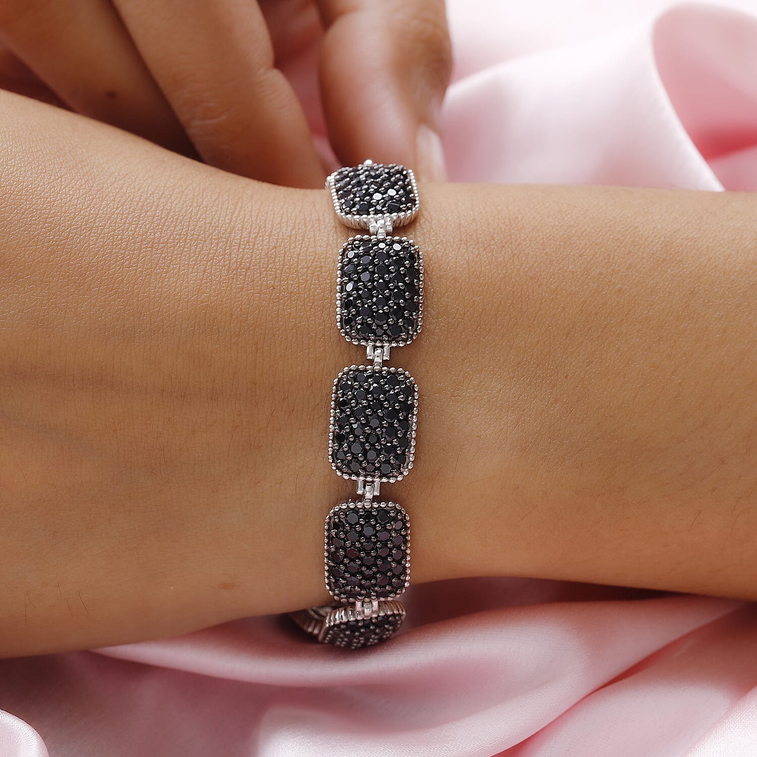 Black Spinel Bracelet (Size - 7) in Platinum Overlay Sterling Silver 12.30 Ct, Silver Wt. 20.76 Gms