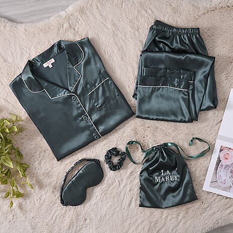 5 Pieces Set - LA MAREY Loungewear Set (Shirt, Pant, Eye Mask, Drawstring Bag - Hair Band) One Size Curve (18-24) - Green