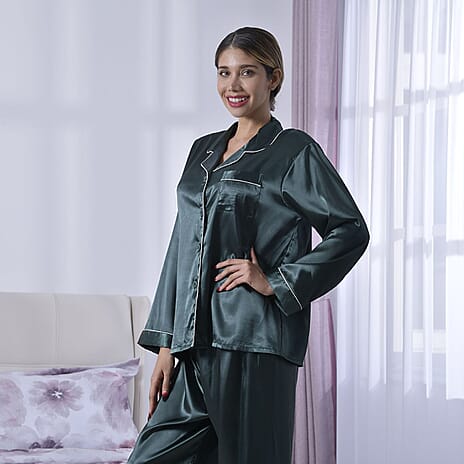 5 Pieces Set - LA MAREY Loungewear Set (Shirt, Pant, Eye Mask, Drawstring Bag - Hair Band) One Size Curve (18-24) - Green