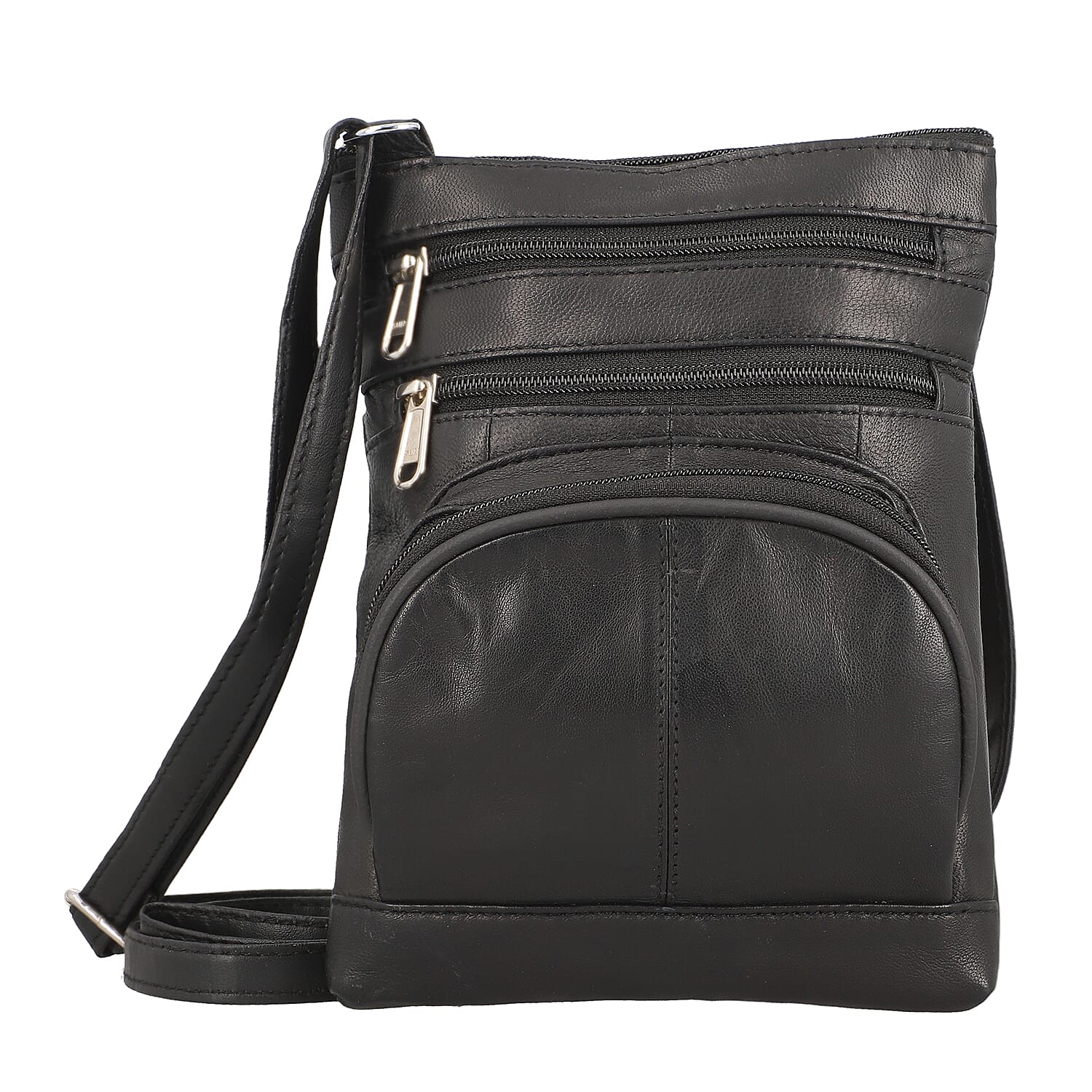 Genuine Leather Crossbody Bag with Adjustable Leather Shoulder Strap - Black