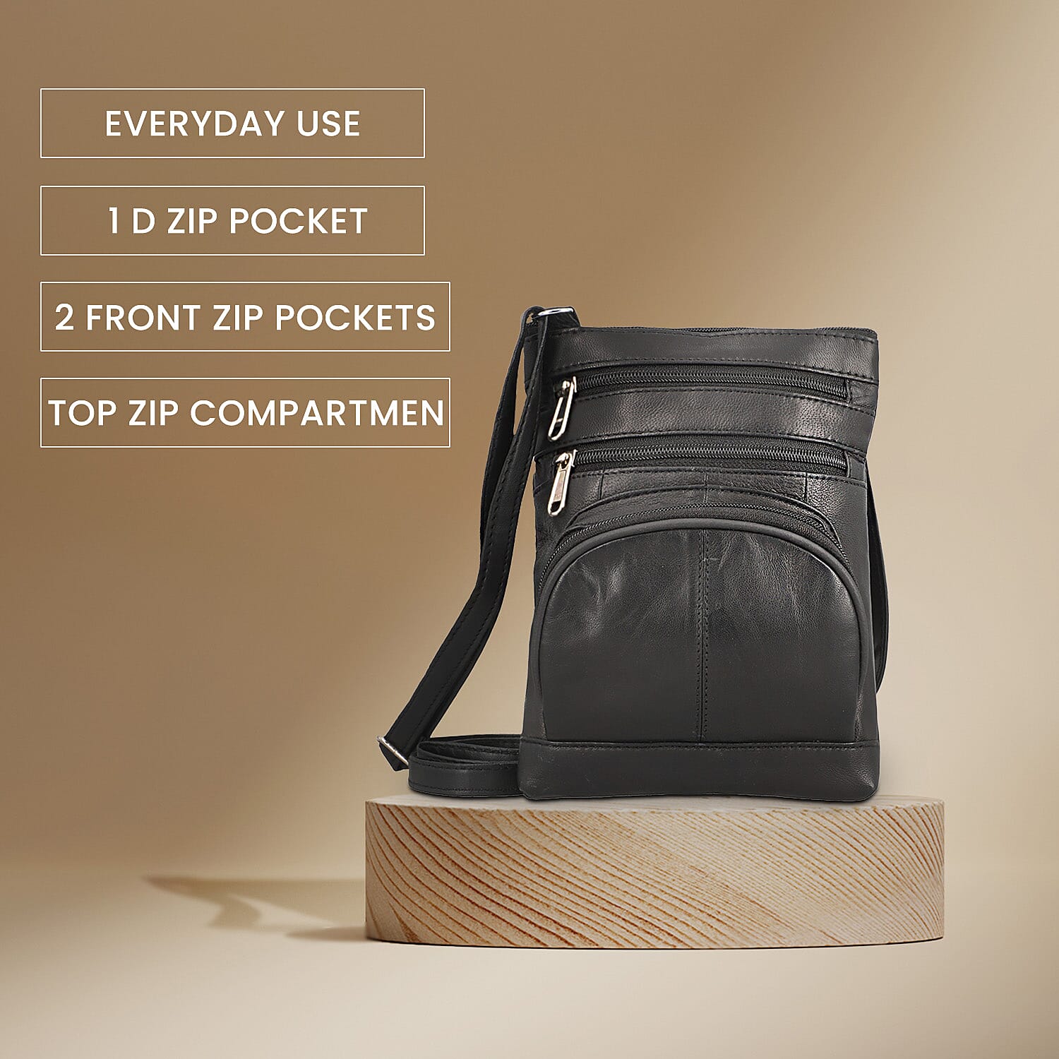 Genuine Leather Crossbody Bag with Adjustable Leather Shoulder Strap - Black