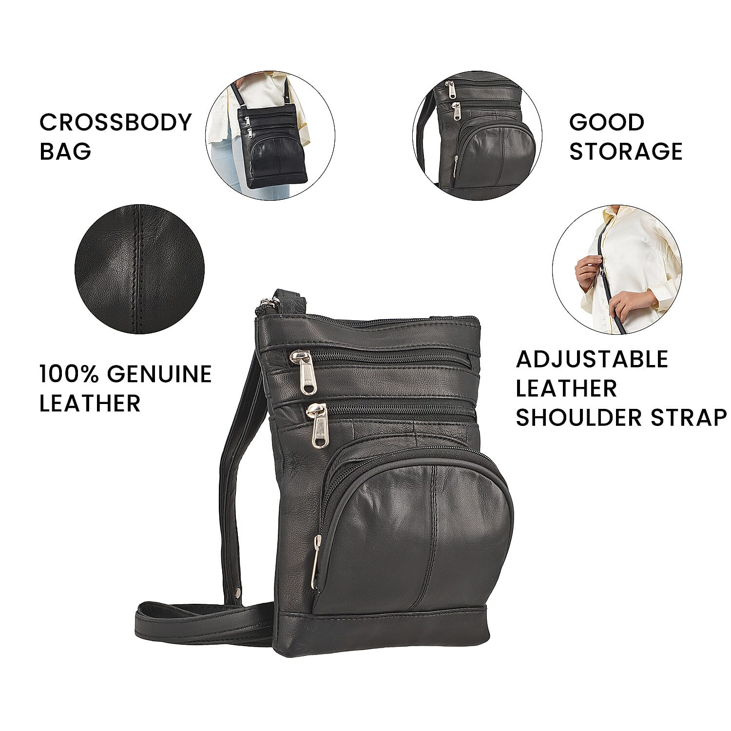 Genuine Leather Crossbody Bag with Adjustable Leather Shoulder Strap - Black
