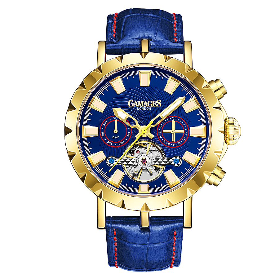 GAMAGES OF LONDON Limited Edition Hand Assembled Exhibition Racer Automatic Movement Blue Dial Water Resistant Watch in Yellow Gold Tone