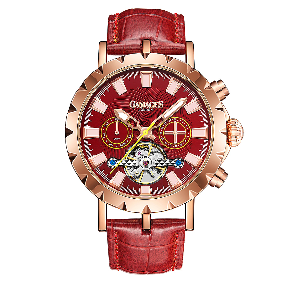 GAMAGES OF LONDON Limited Edition Hand Assembled Exhibition Racer Automatic Movement Red Dial Water Resistant Watch in Rose Gold Tone
