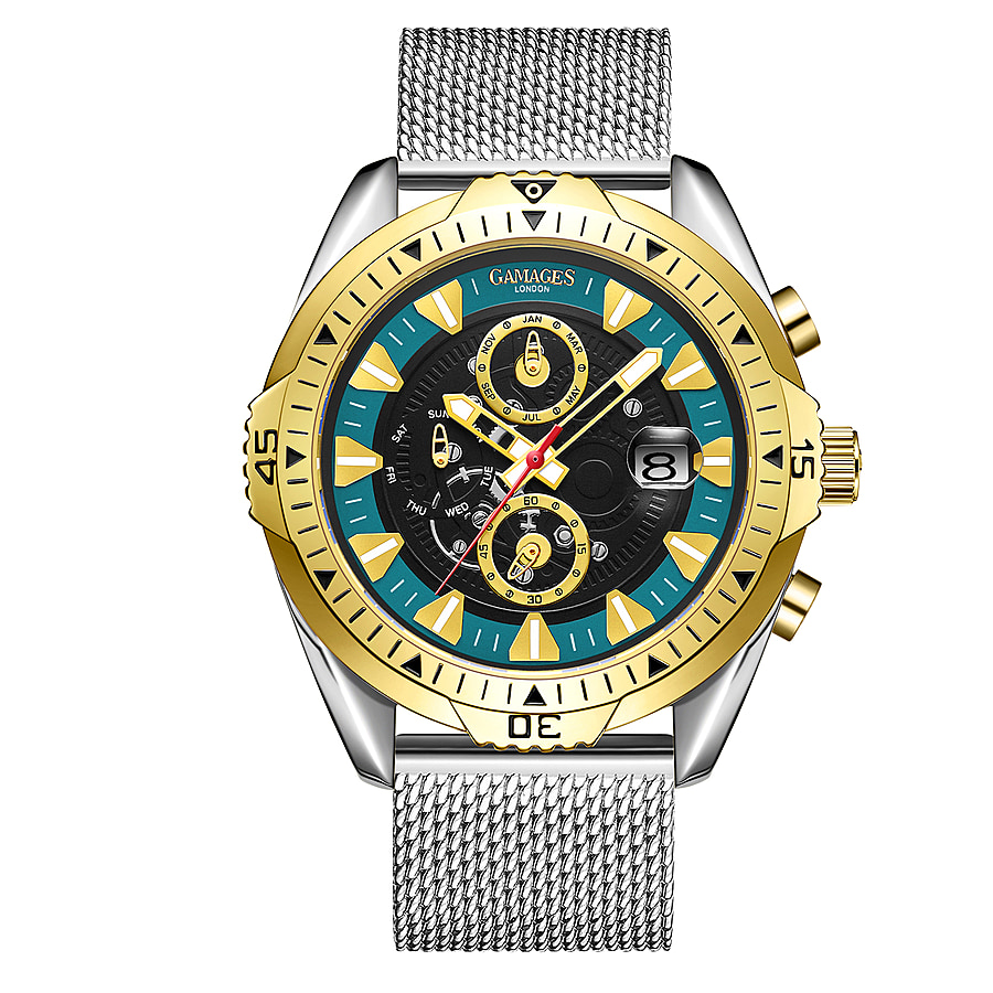 GAMAGES OF LONDON Limited Edition Hand Assembled Vanguard Automatic Movement Teal & Black Dial Water Resistant Watch with Mesh Bracelet in Silver Tone