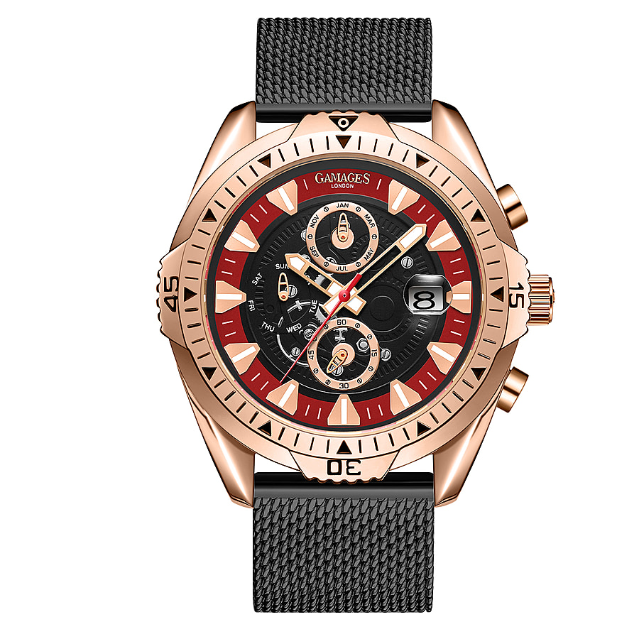 GAMAGES OF LONDON Limited Edition Hand Assembled Vanguard Automatic Movement Red & Black Dial Water Resistant Watch with Mesh Bracelet in Rose Gold Tone