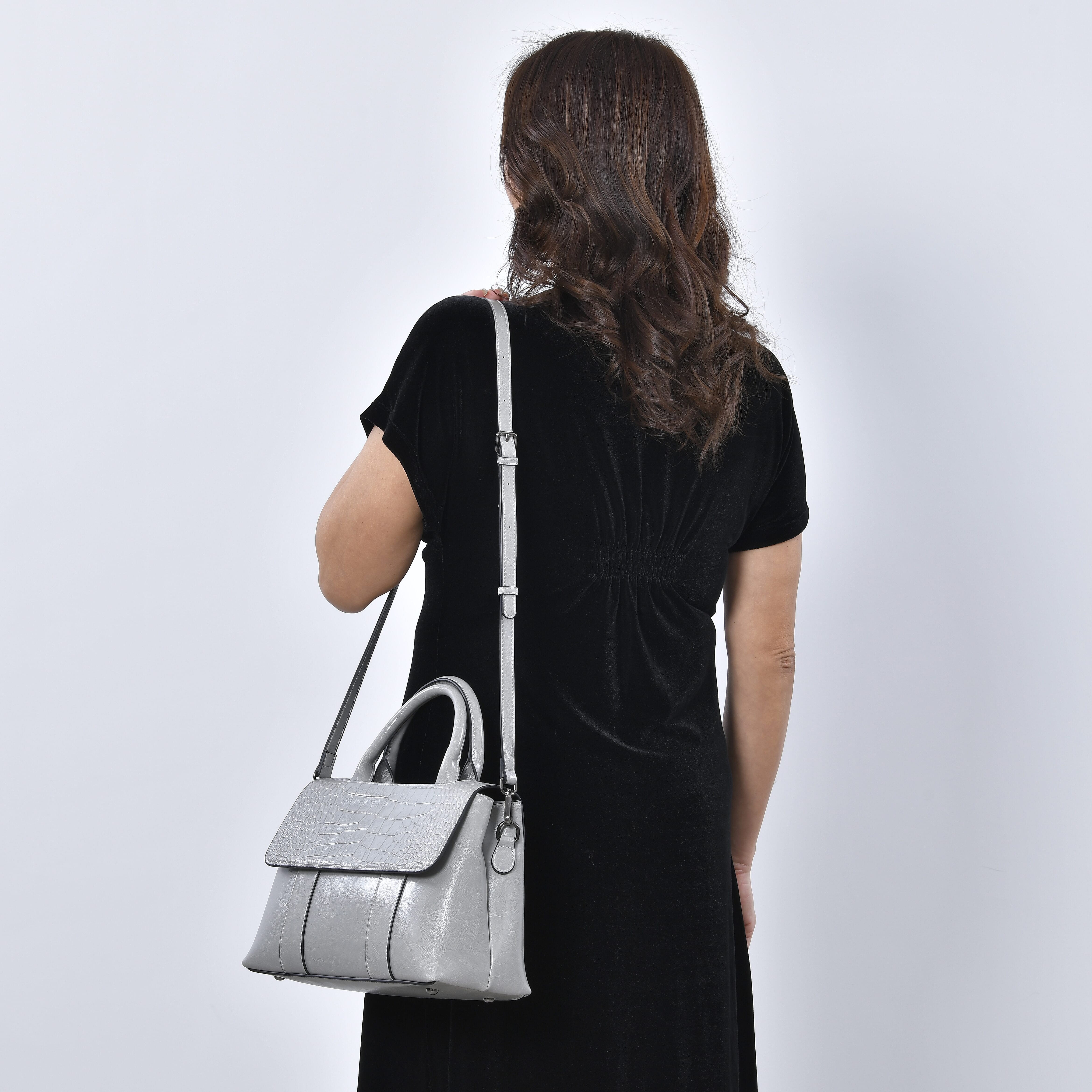 Hong Kong Closeout Collection Genuine Leather Croc Embossed Convertible Bag with Long Strap - Brown