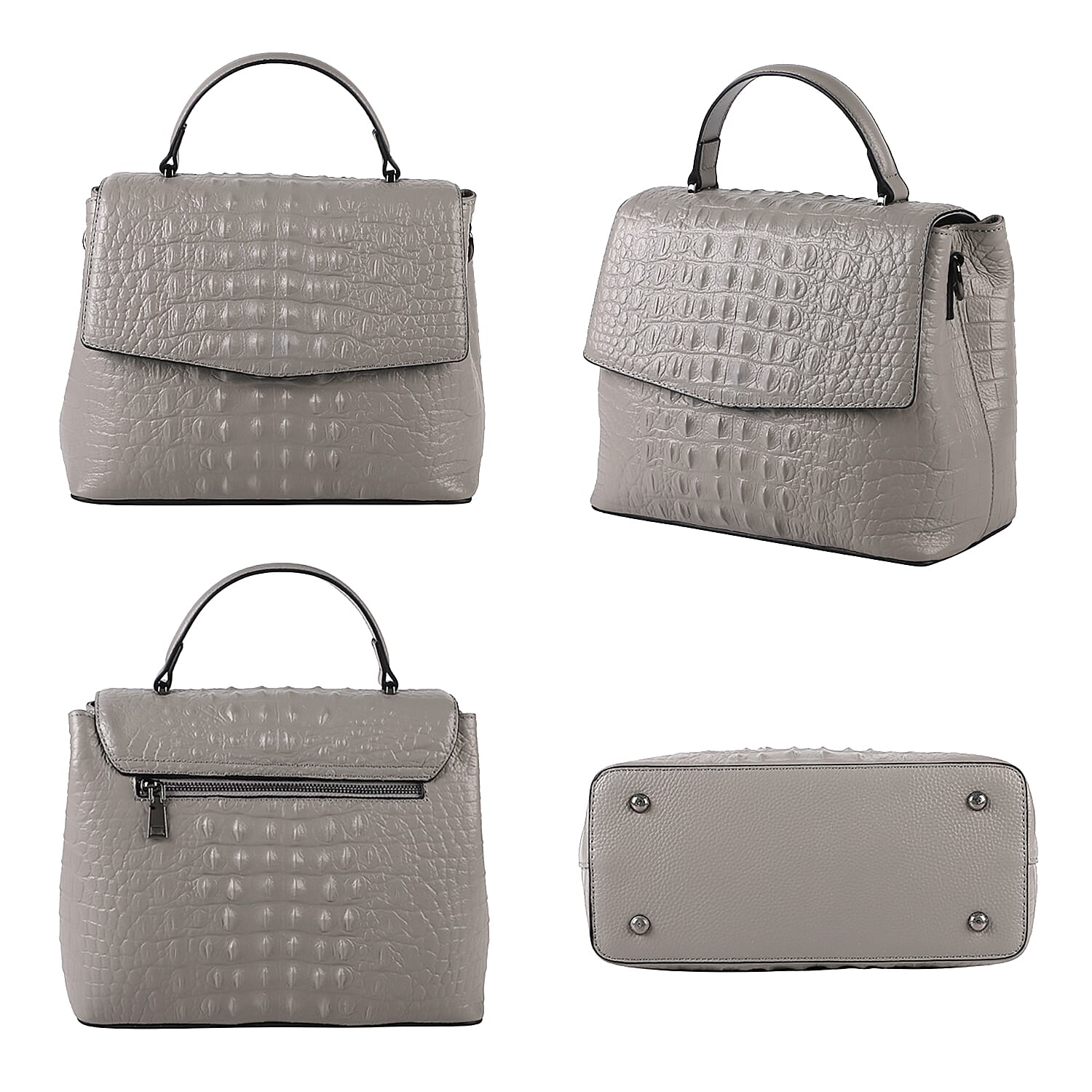 SENCILLEZ Genuine Leather Croc Embossed Convertible Bag with Long Strap - Light Grey