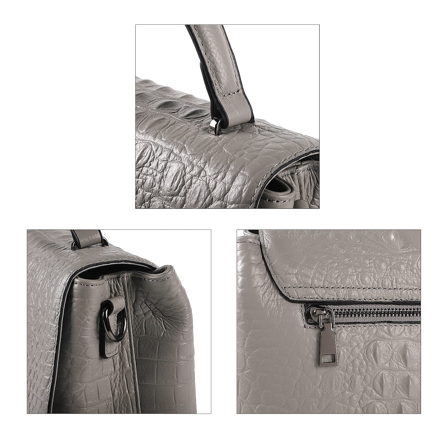 SENCILLEZ Genuine Leather Croc Embossed Convertible Bag with Long Strap - Light Grey