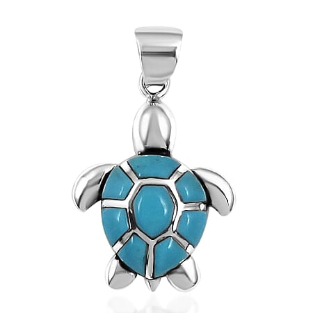 Santa Fe Collection - Turquoise Turtle Pendant in Rhodium Overlay Sterling Silver, Silver Wt. 5.40 Gms