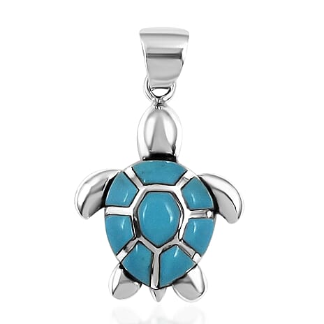 Santa Fe Collection - Turquoise Turtle Pendant in Rhodium Overlay Sterling Silver, Silver Wt. 5.40 Gms