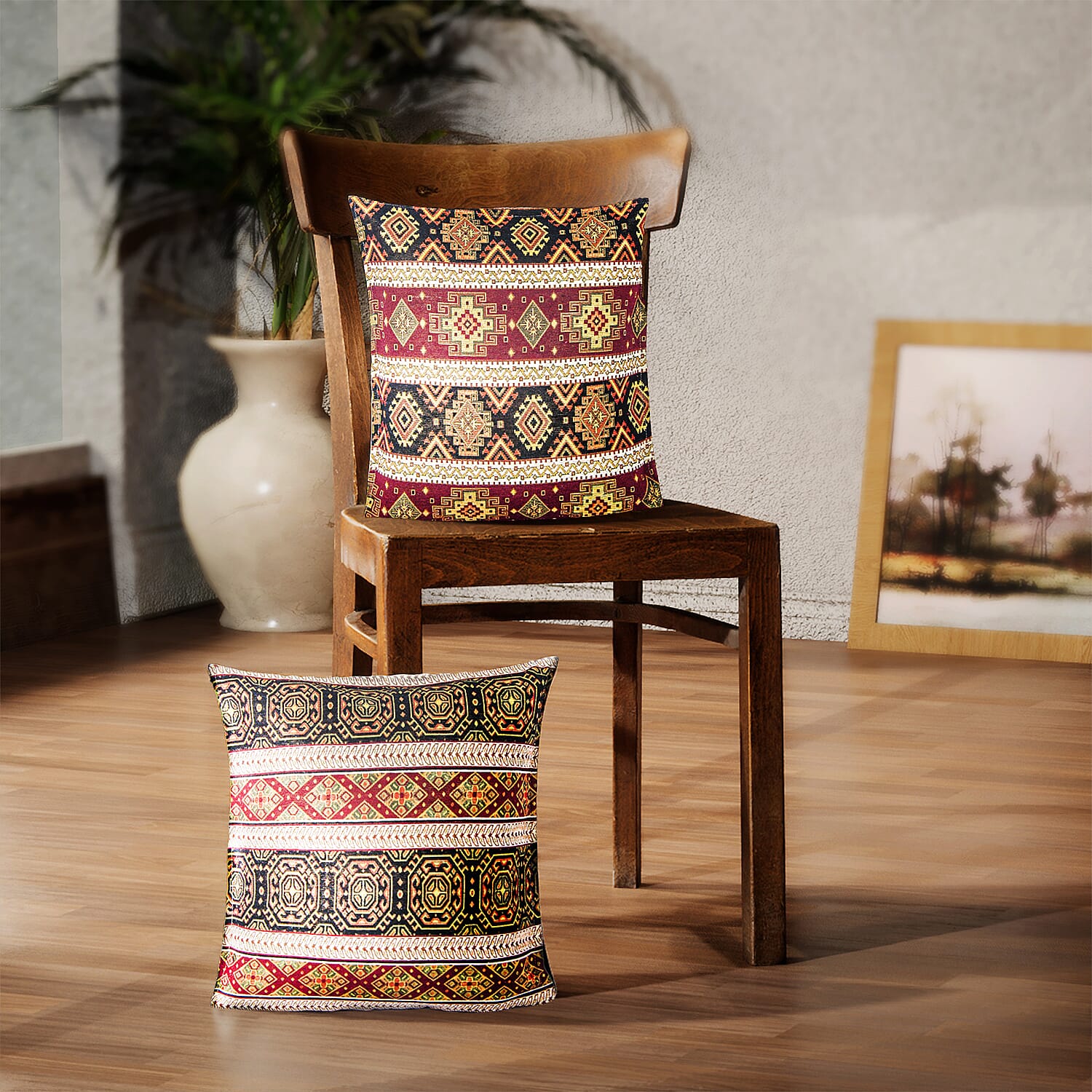 Set of 2 - Authentic Cushion Cover with Scintillating Print (Size 44 cm) - Red and Black