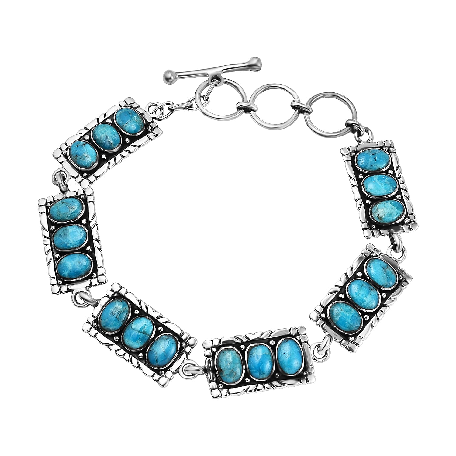 Santa Fe Collection - Turquoise Bracelet (Size - 7.5 with Ext.) with T-Bar Clasp in Rhodium Overlay Sterling Silver 5.45 Ct, Silver Wt. 13.3 Gms