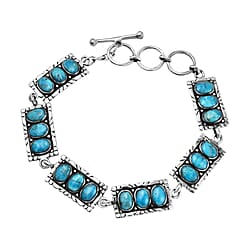 Santa Fe Collection - Turquoise Bracelet (Size - 7.5 with Ext.) with T-Bar Clasp in Rhodium Overlay Sterling Silver 5.45 Ct, Silver Wt. 13.3 Gms