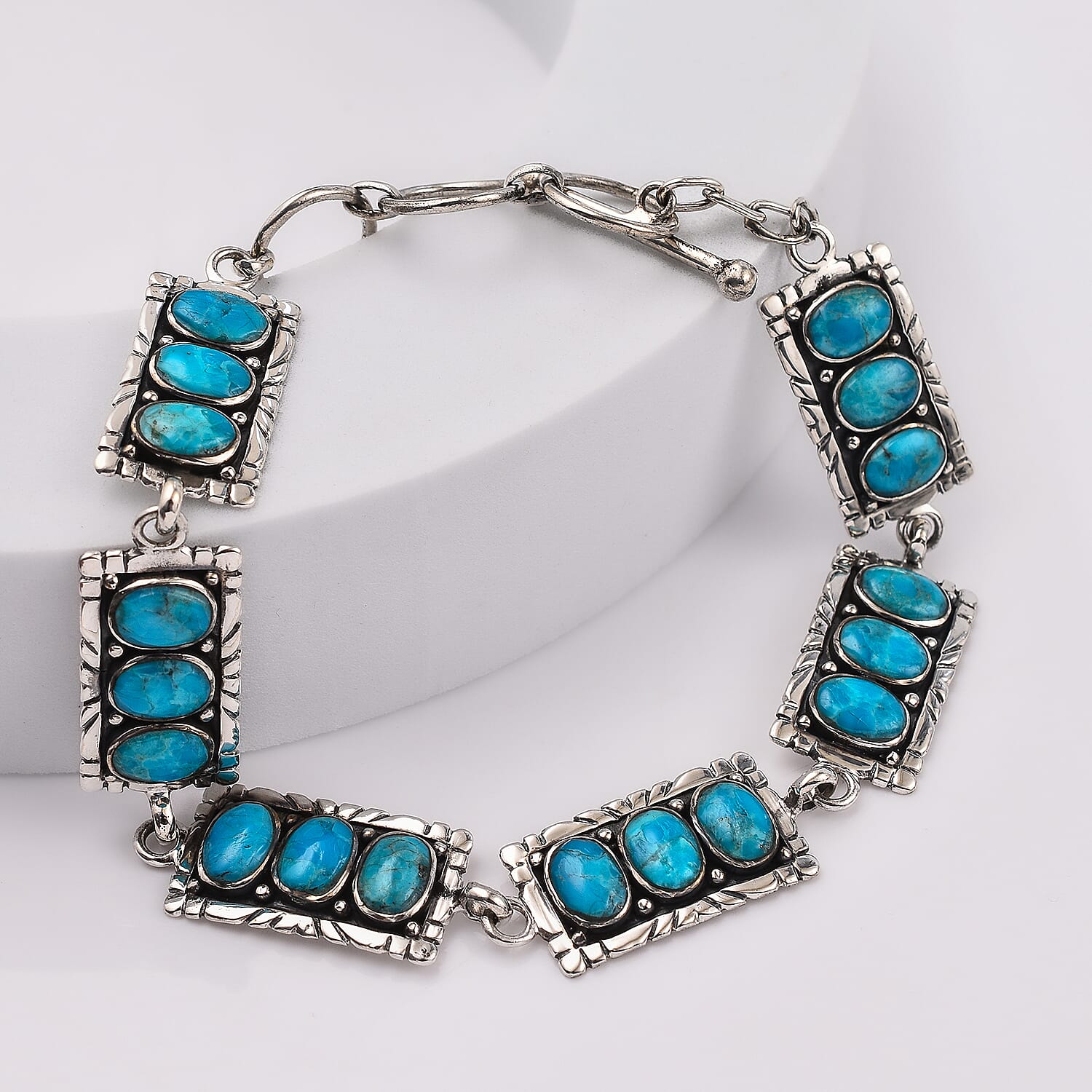 Santa Fe Collection - Turquoise Bracelet (Size - 7.5 with Ext.) with T-Bar Clasp in Rhodium Overlay Sterling Silver 5.45 Ct, Silver Wt. 13.3 Gms