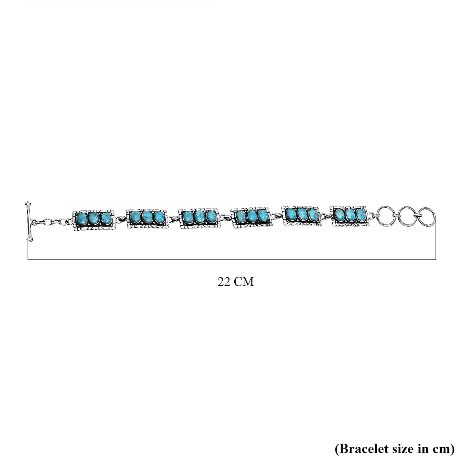 Santa Fe Collection - Turquoise Bracelet (Size - 7.5 with Ext.) with T-Bar Clasp in Rhodium Overlay Sterling Silver 5.45 Ct, Silver Wt. 13.3 Gms
