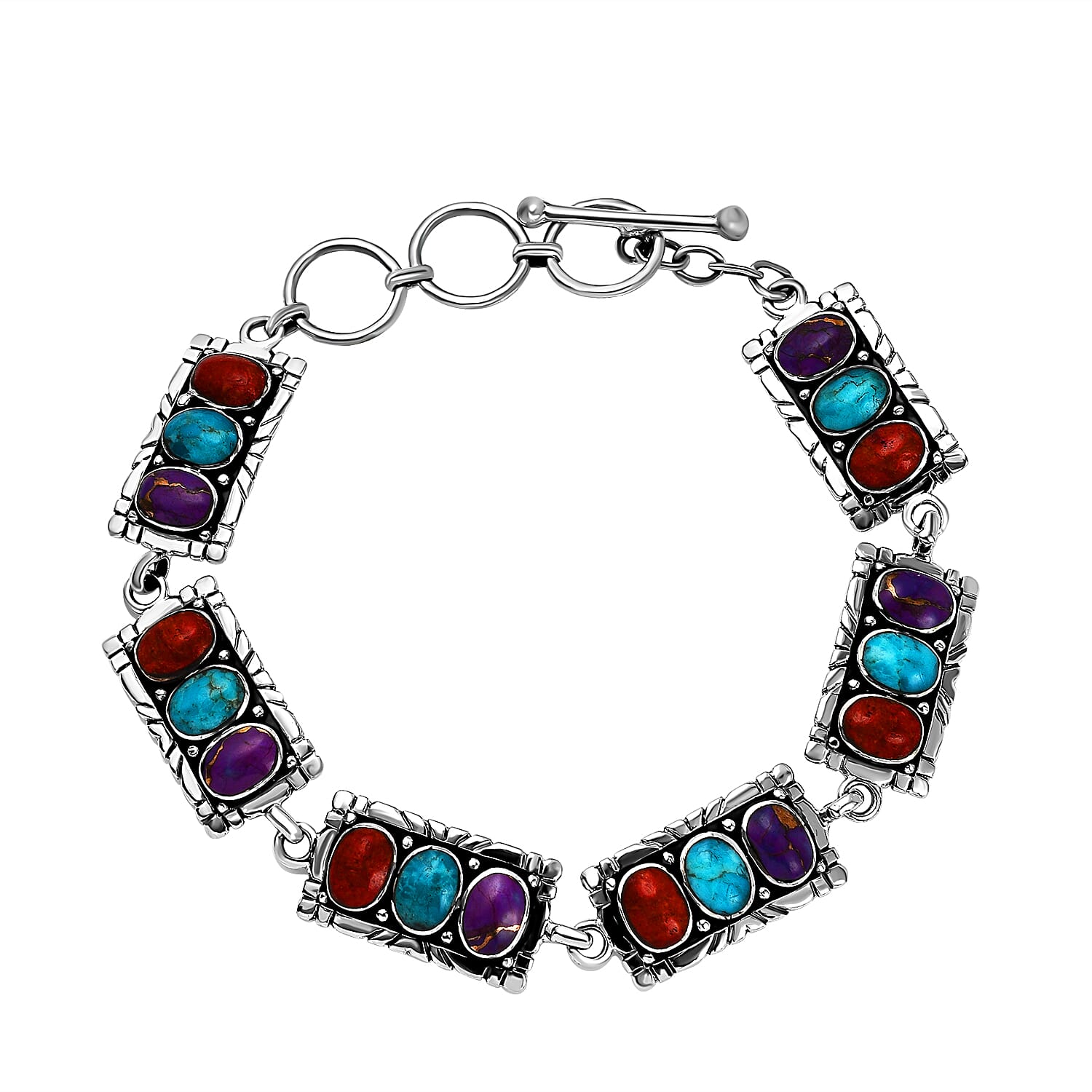 Santa Fe Collection - Multi Gemstone Bracelet (Size - 7.5 With Extenders) With T-Bar clasp  in Rhodium Overlay Sterling Silver 5.85 Ct, Silver Wt.13.30 Gms