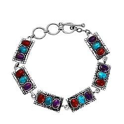 Santa Fe Collection - Multi Gemstone Bracelet (Size - 7.5 With Extenders) With T-Bar clasp in Rhodium Overlay Sterling Silver 5.85 Ct, Silver Wt.13.30 Gms