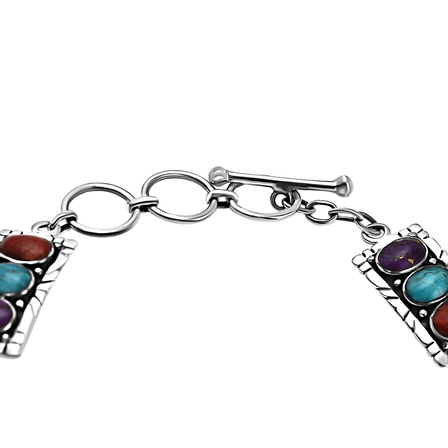 Santa Fe Collection - Multi Gemstone Bracelet (Size - 7.5 With Extenders) With T-Bar clasp  in Rhodium Overlay Sterling Silver 5.85 Ct, Silver Wt.13.30 Gms