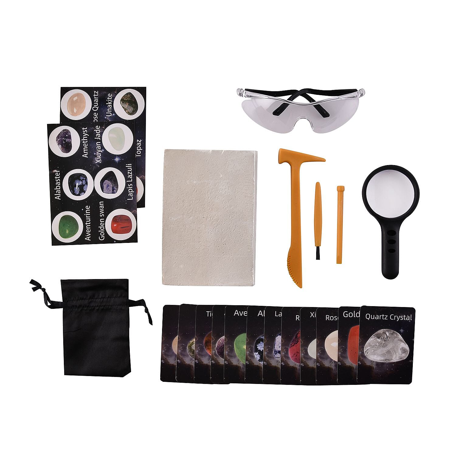 Gem Digging Kit - Gem Archaeology, Large Dig Brick Containing 12 Natural Gemstones, Information Cards, Hammer, Shovel, Brush, Protective Glasses, Storage Bag, Stickers, Magnifying Glass