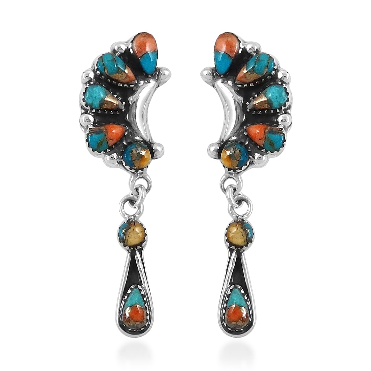 Santa Fe Collection - Spiny Turquoise Earrings (with Plastic Push Back) with Oxidised in Rhodium Overlay Sterling Silver With Oxidized 7.40 Ct.