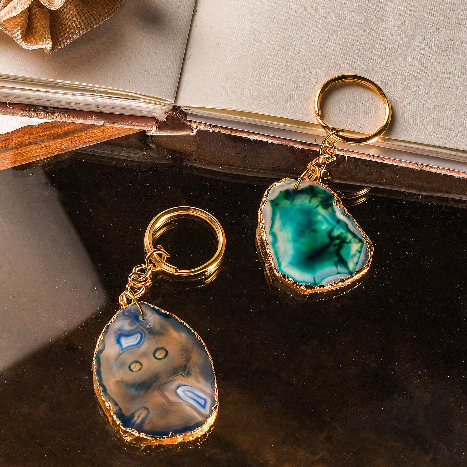Set of 2 Eye-Catching Agate Keychains - Blue - Green with Gold Foiling