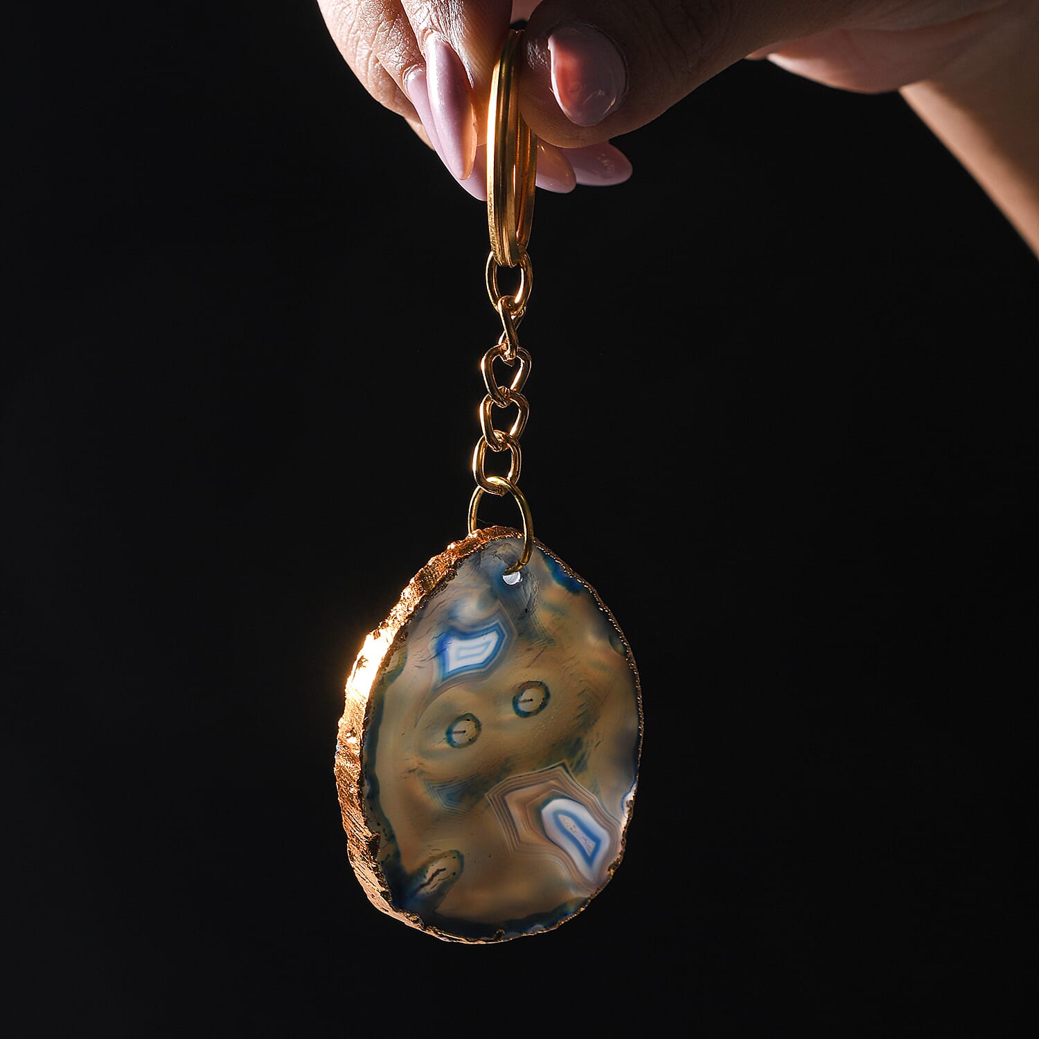 Set of 2 Eye-Catching Agate Keychains - Blue - Green with Gold Foiling