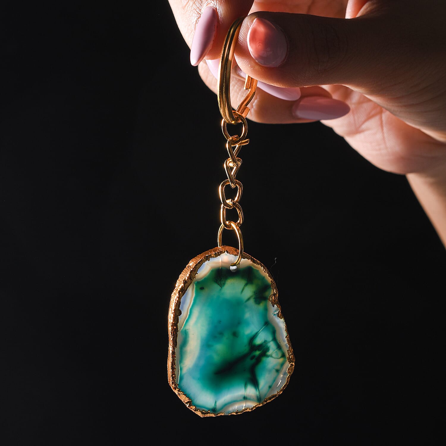 Set of 2 Eye-Catching Agate Keychains - Blue - Green with Gold Foiling