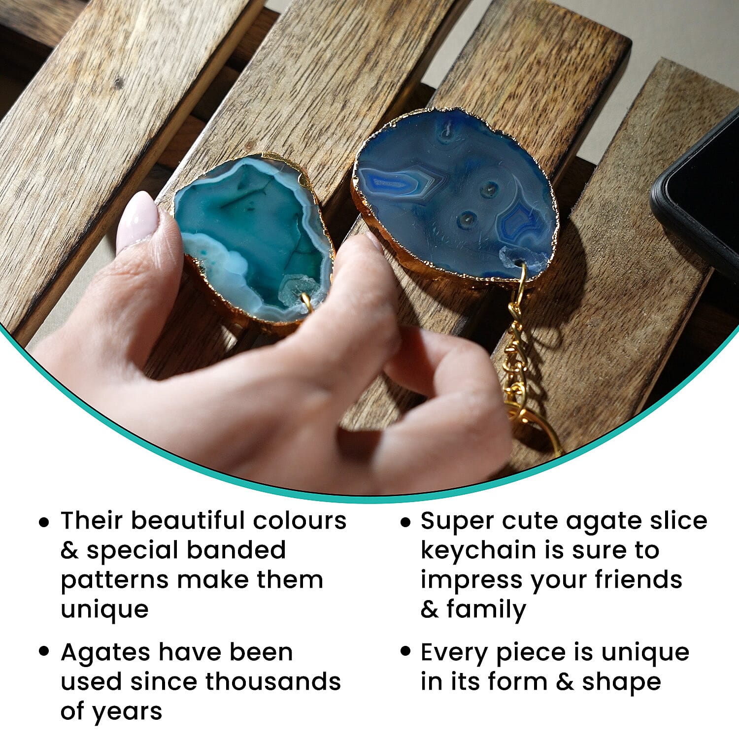 Set of 2 Eye-Catching Agate Keychains - Blue - Green with Gold Foiling