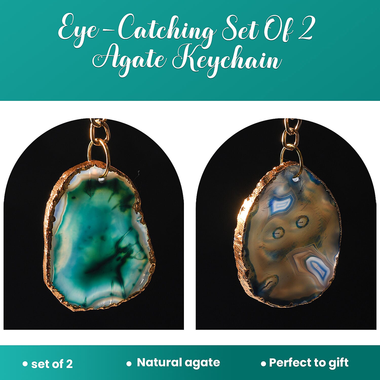 Set of 2 Eye-Catching Agate Keychains - Blue - Green with Gold Foiling
