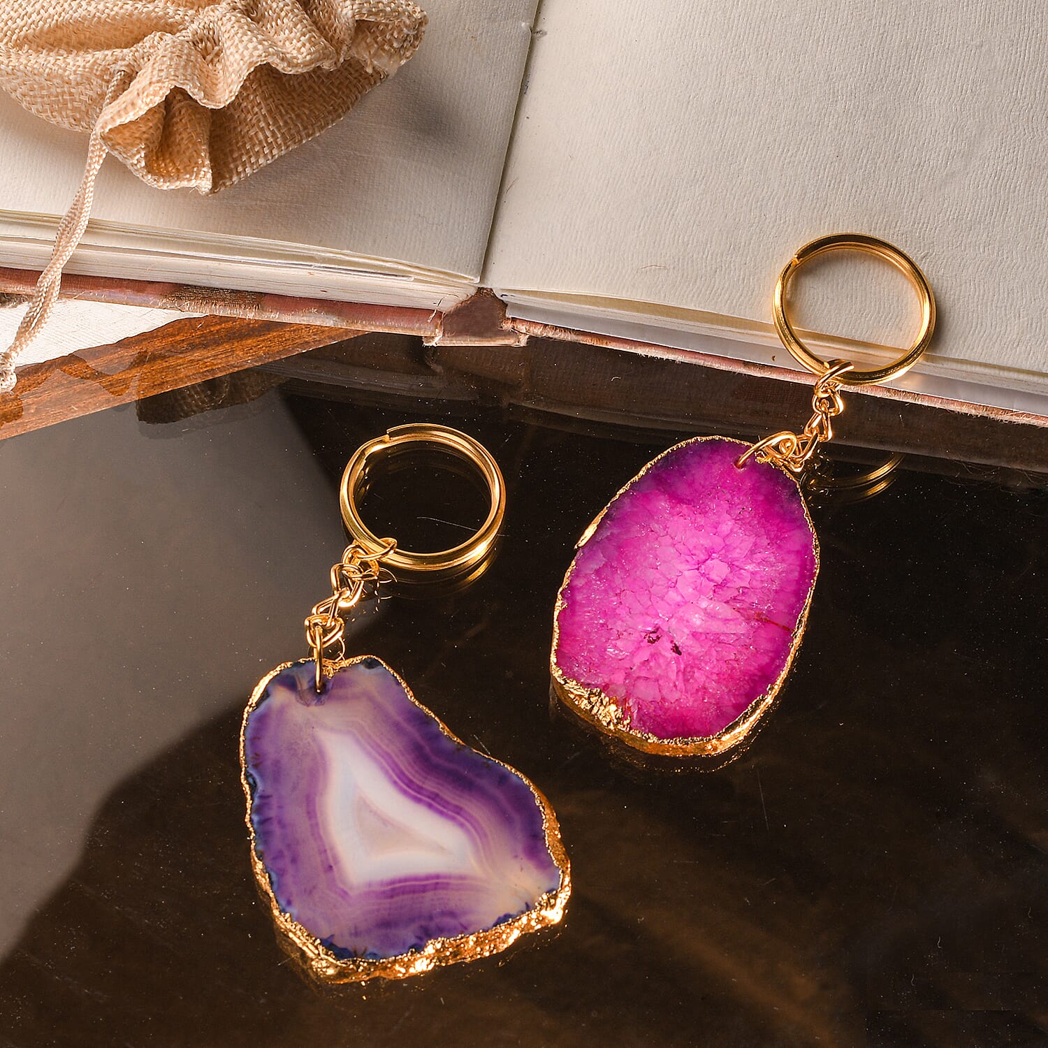 Set of 2 Eye-Catching Agate Keychains - Pink - Purple in Yellow Gold Tone.