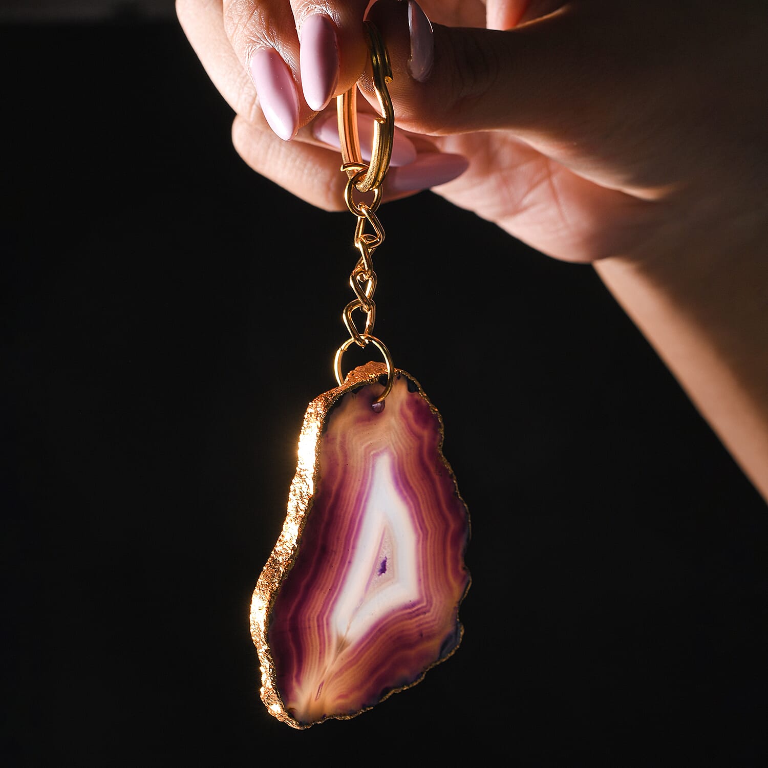 Set of 2 Eye-Catching Agate Keychains - Pink - Purple in Yellow Gold Tone.