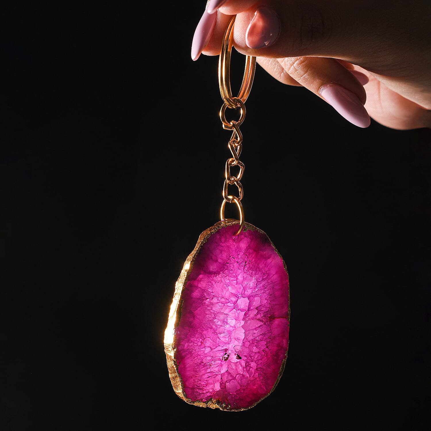Set of 2 Eye-Catching Agate Keychains - Pink - Purple in Yellow Gold Tone.