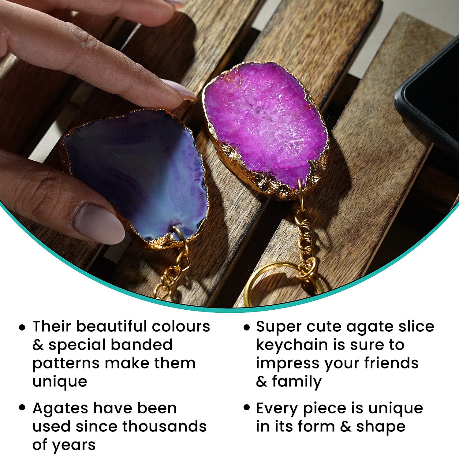 Set of 2 Eye-Catching Agate Keychains - Pink - Purple in Yellow Gold Tone.