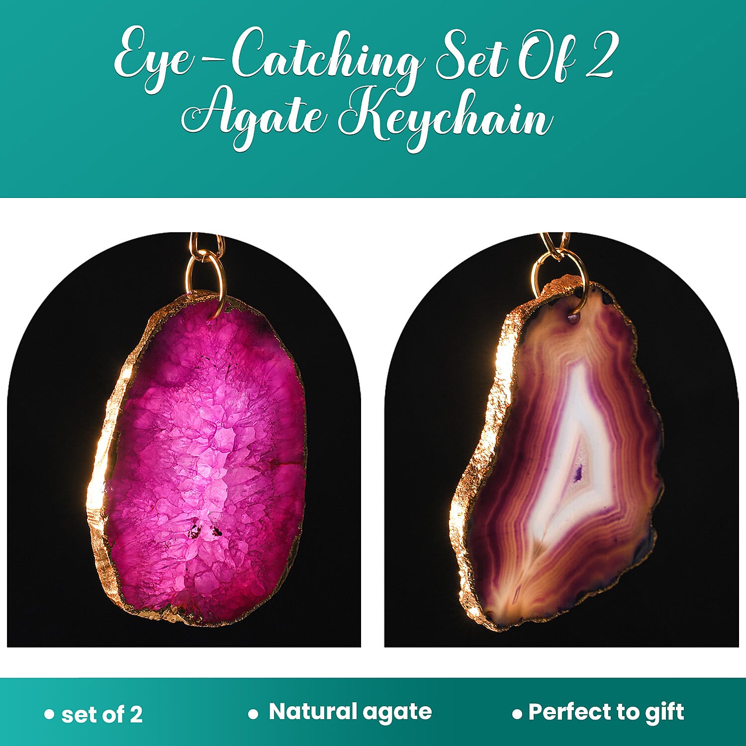 Set of 2 Eye-Catching Agate Keychains - Pink - Purple in Yellow Gold Tone.