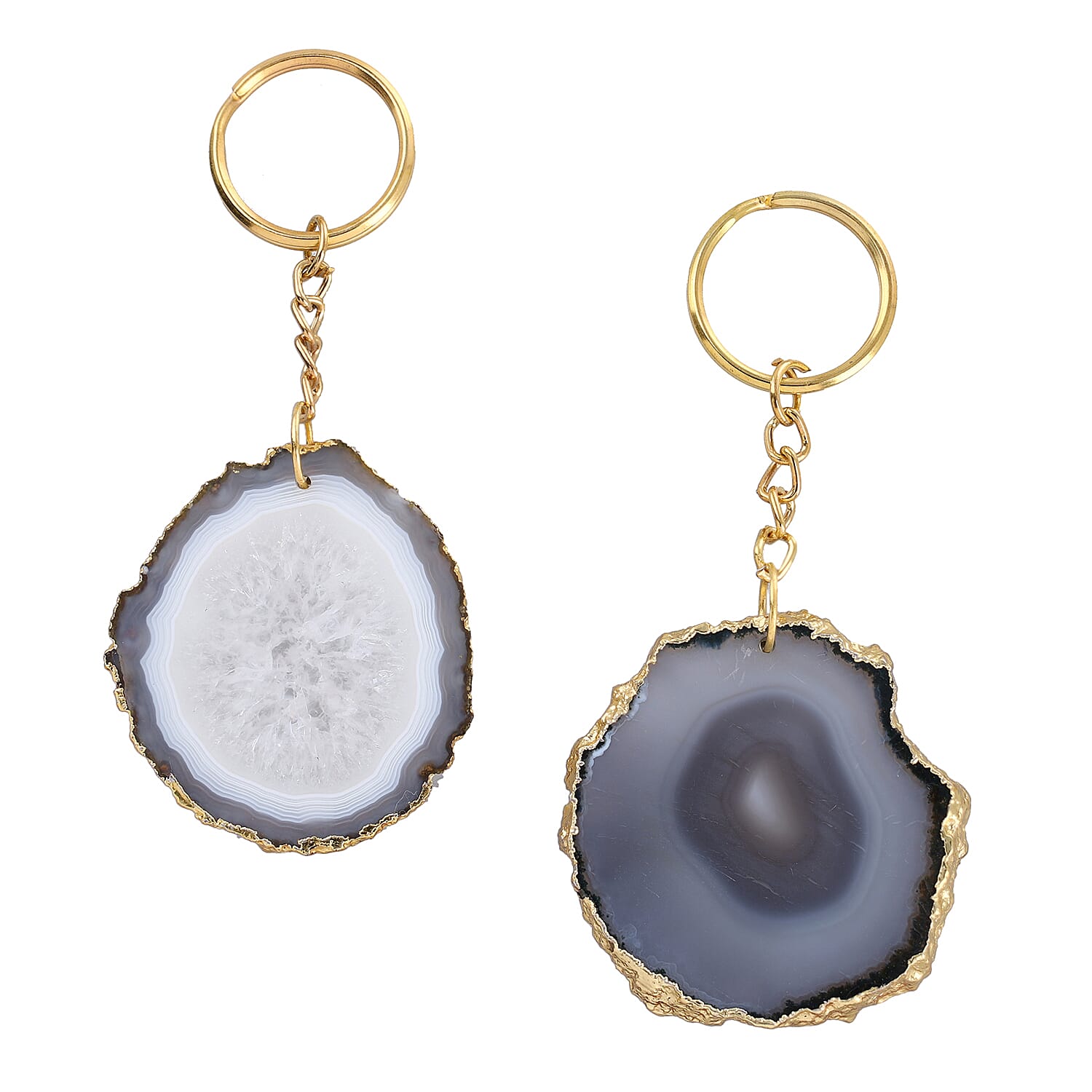 Set of 2 Eye-Catching Agate Keychains - Grey - White  in Yellow Gold Tone.