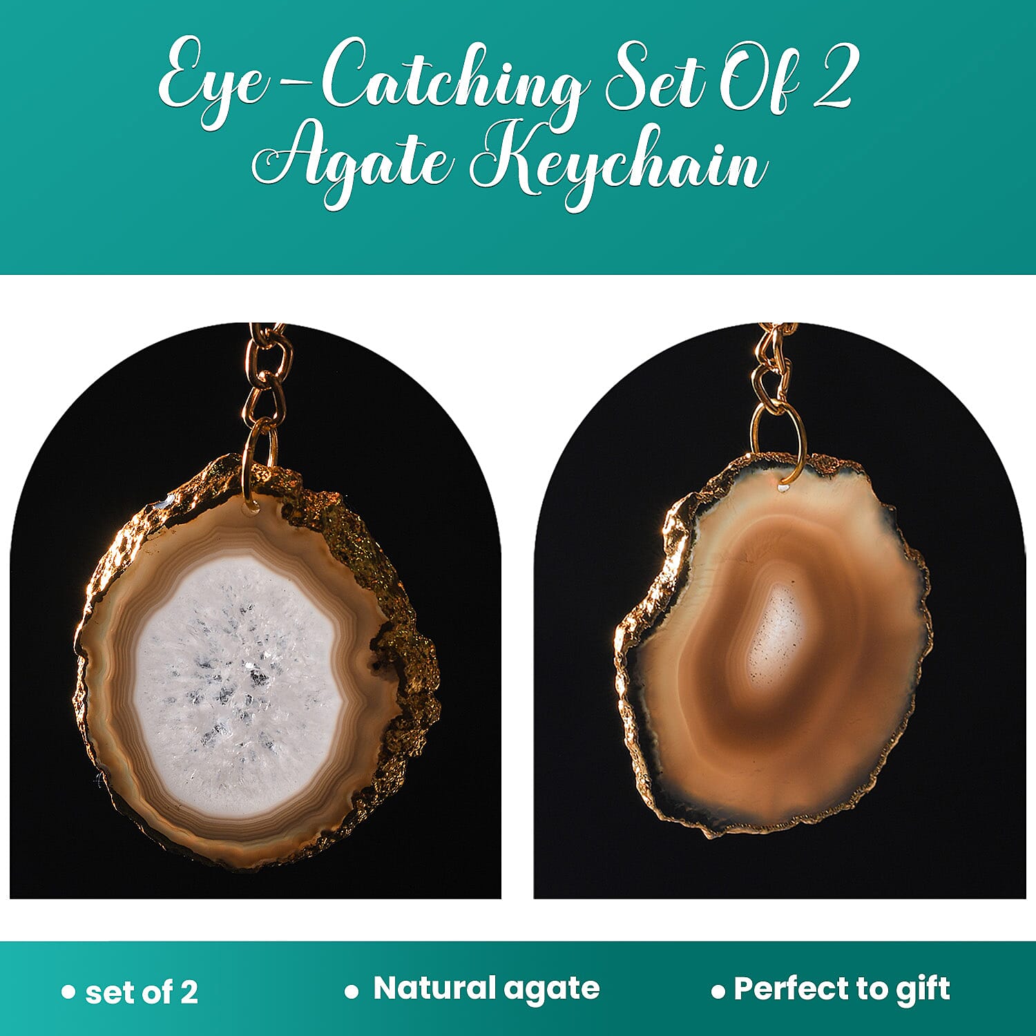 Set of 2 Eye-Catching Agate Keychains - Grey - White  in Yellow Gold Tone.