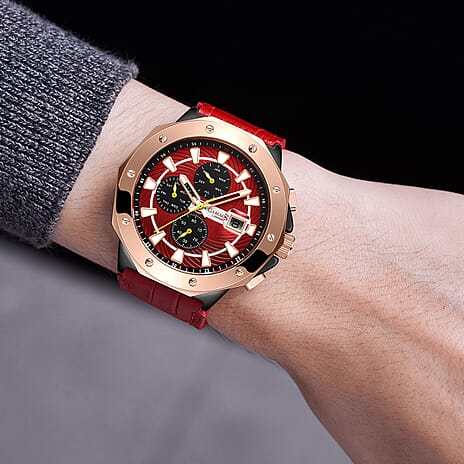GAMAGES OF LONDON Military Sports Automatic Watch with Red Leather Strap