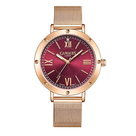 GAMAGES OF LONDON Ladies Cruiser Diamond Watch with Rose Colour Stainless Steel Strap