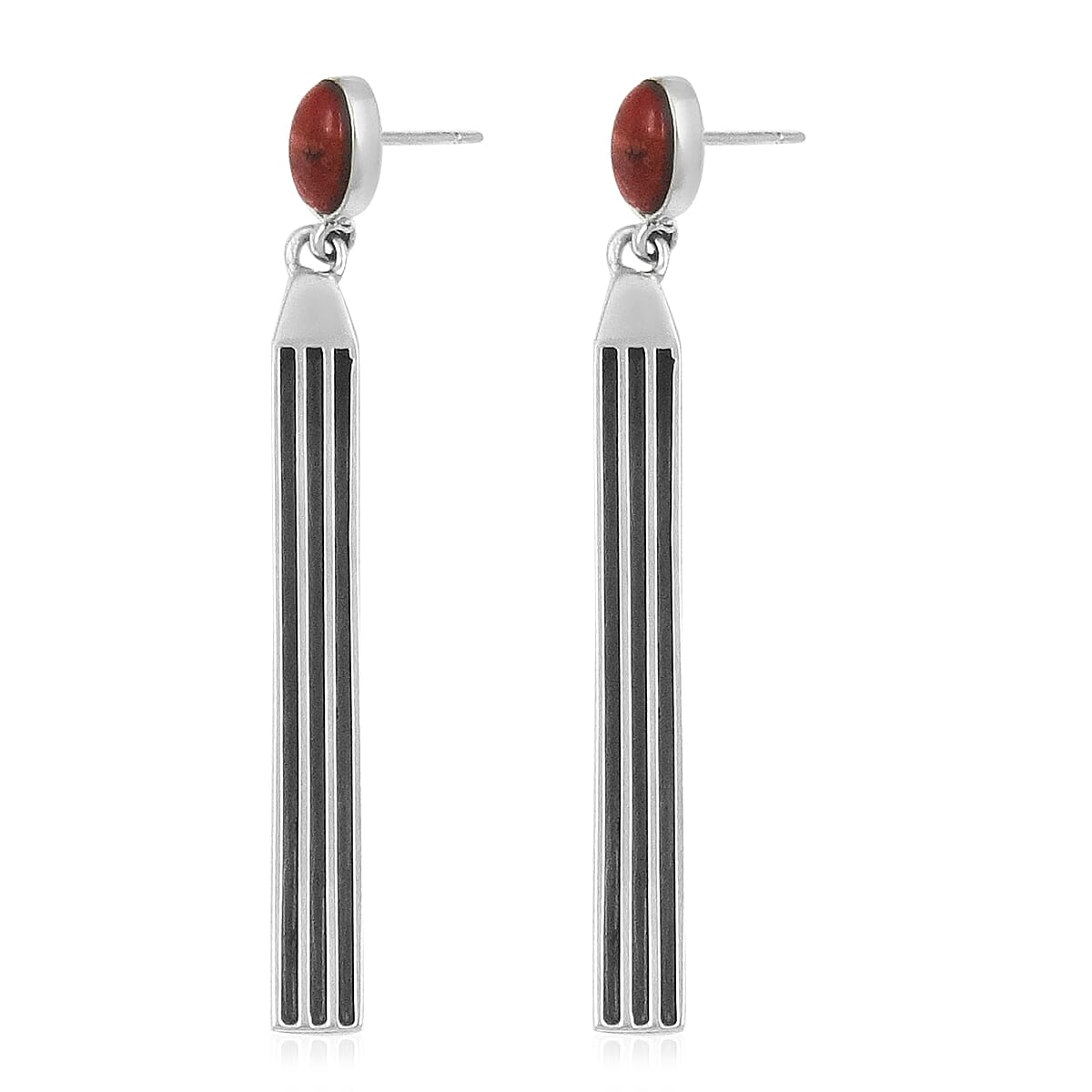 Santa Fe Collection - Red Spiny Oyster Shell Dangle Earrings in Rhodium Overlay Sterling Silver