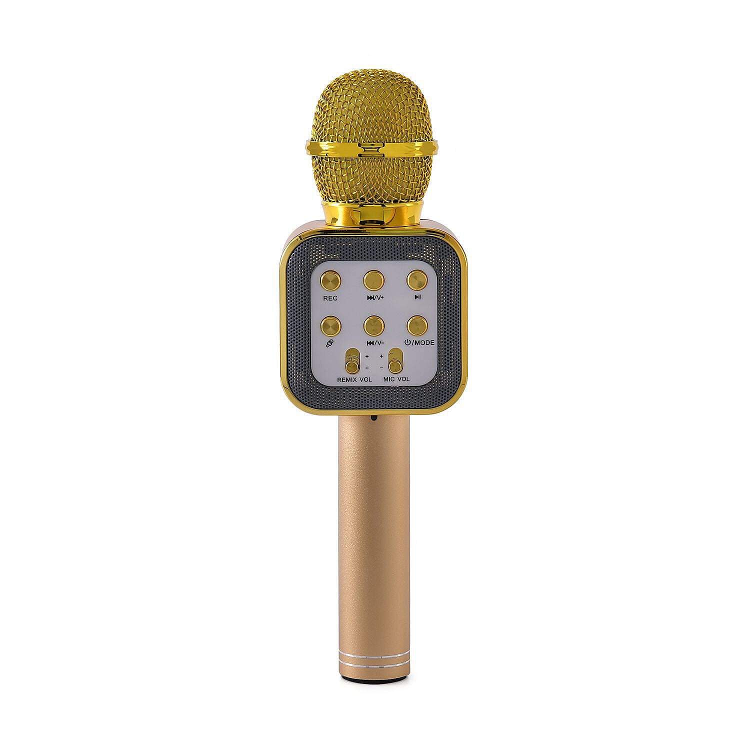 Karaoke Microphone in Gold with LED Lights, Speaker, Wireless Bluetooth, USB Charger - PLUS Records Voice, FM Radio & Selfie Mode