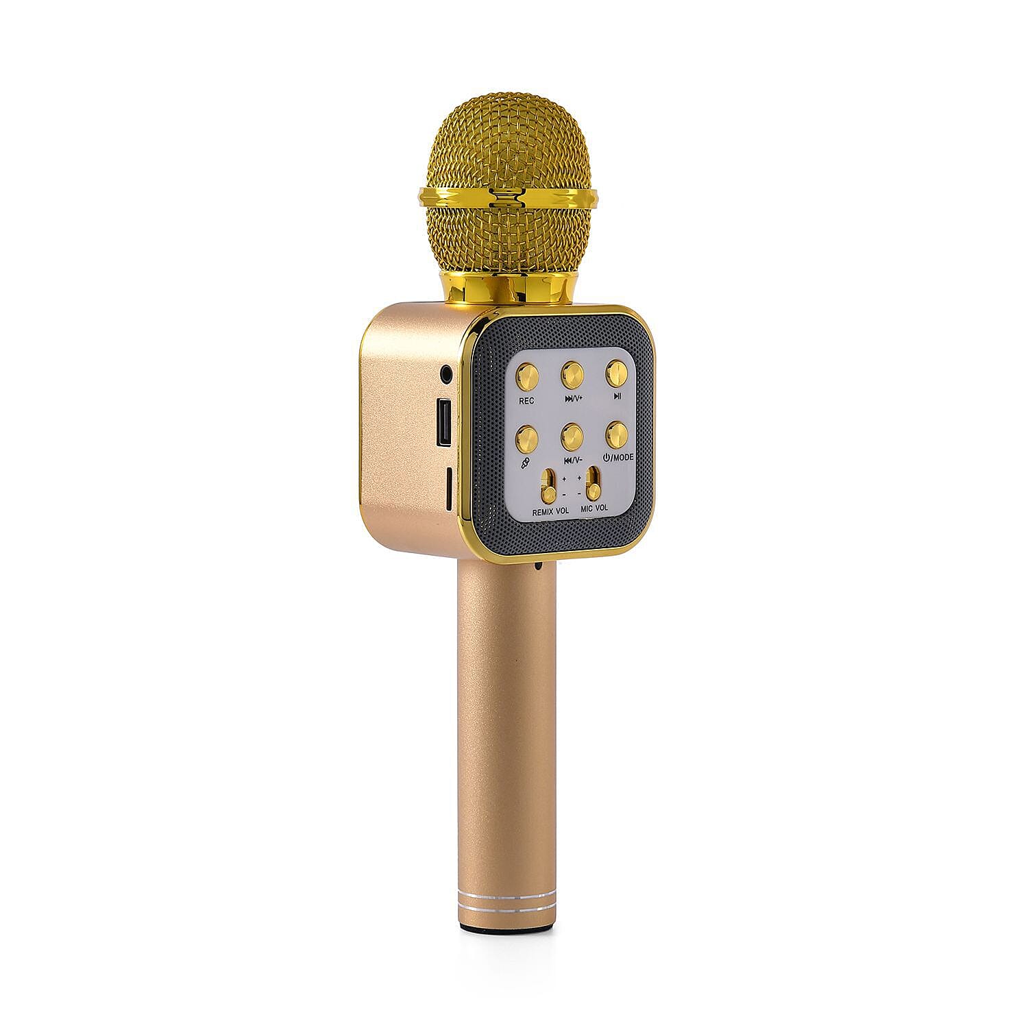 Karaoke Microphone in Gold with LED Lights, Speaker, Wireless Bluetooth, USB Charger - PLUS Records Voice, FM Radio & Selfie Mode