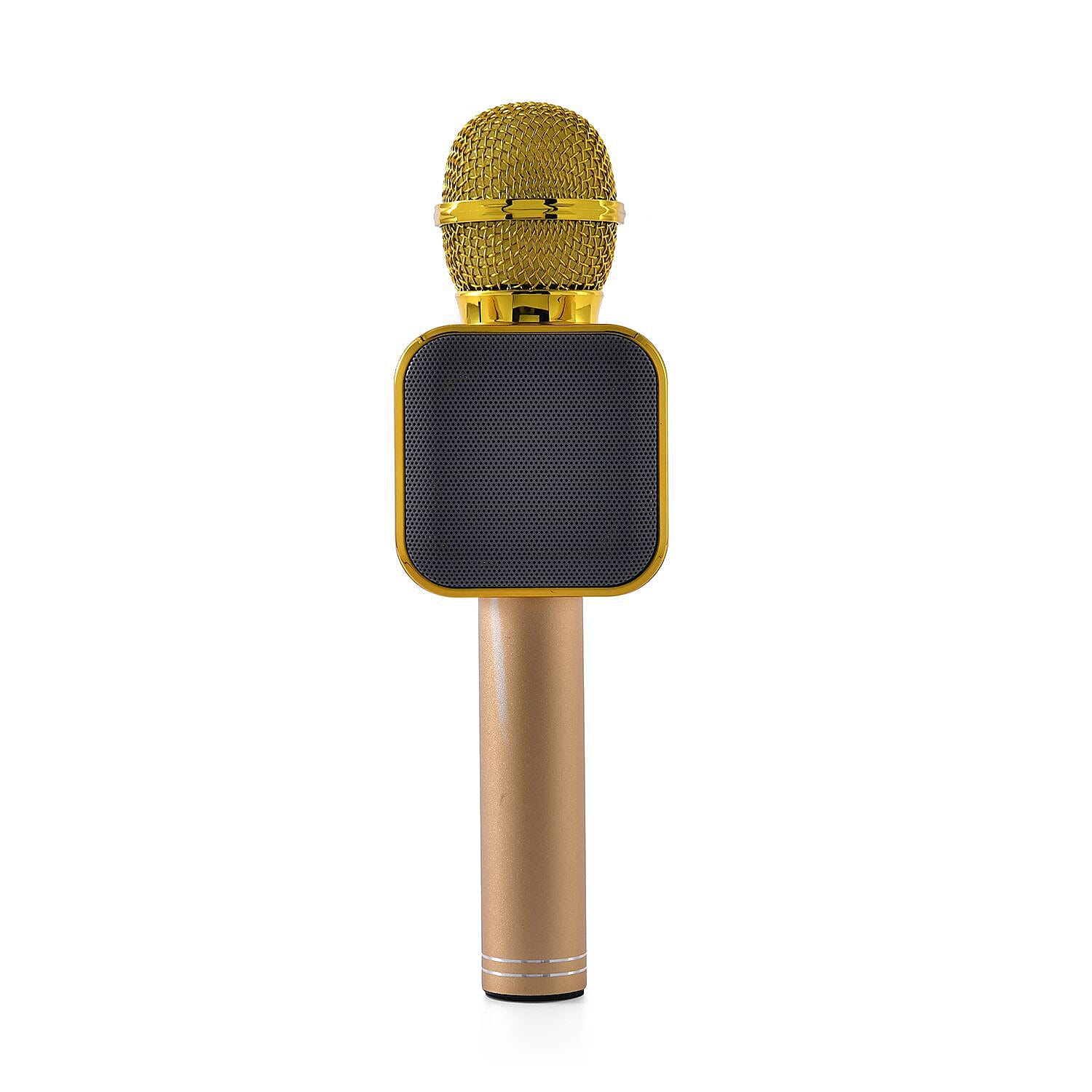 Karaoke Microphone in Gold with LED Lights, Speaker, Wireless Bluetooth, USB Charger - PLUS Records Voice, FM Radio & Selfie Mode