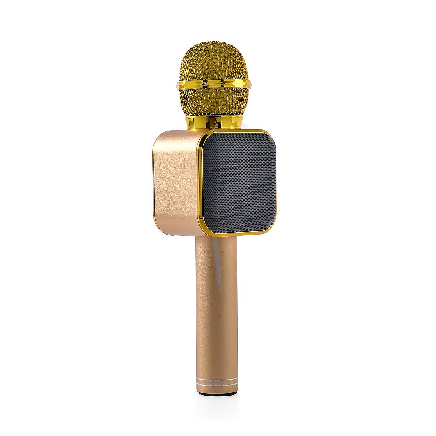 Karaoke Microphone in Gold with LED Lights, Speaker, Wireless Bluetooth, USB Charger - PLUS Records Voice, FM Radio & Selfie Mode