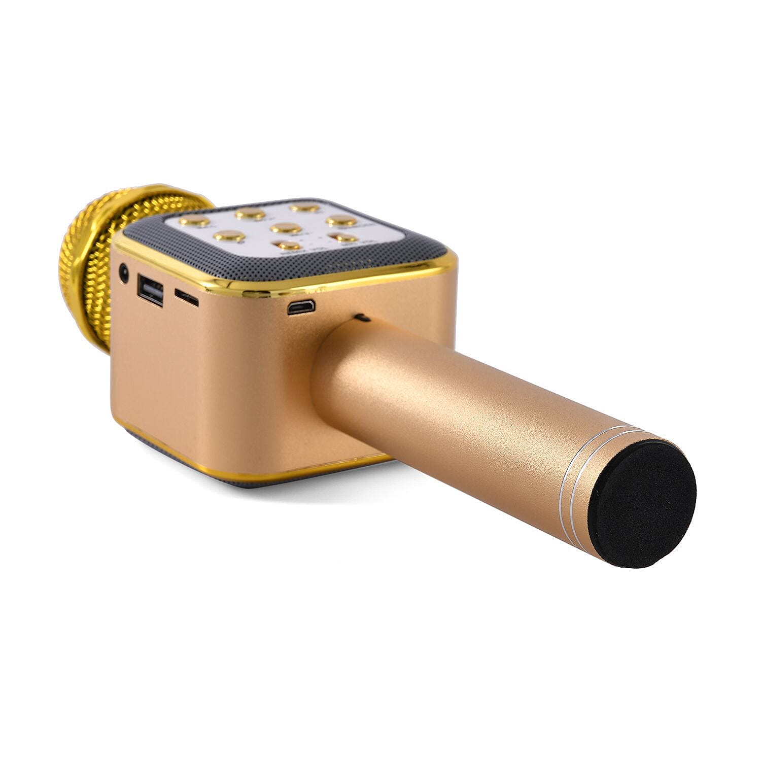 Karaoke Microphone in Gold with LED Lights, Speaker, Wireless Bluetooth, USB Charger - PLUS Records Voice, FM Radio & Selfie Mode