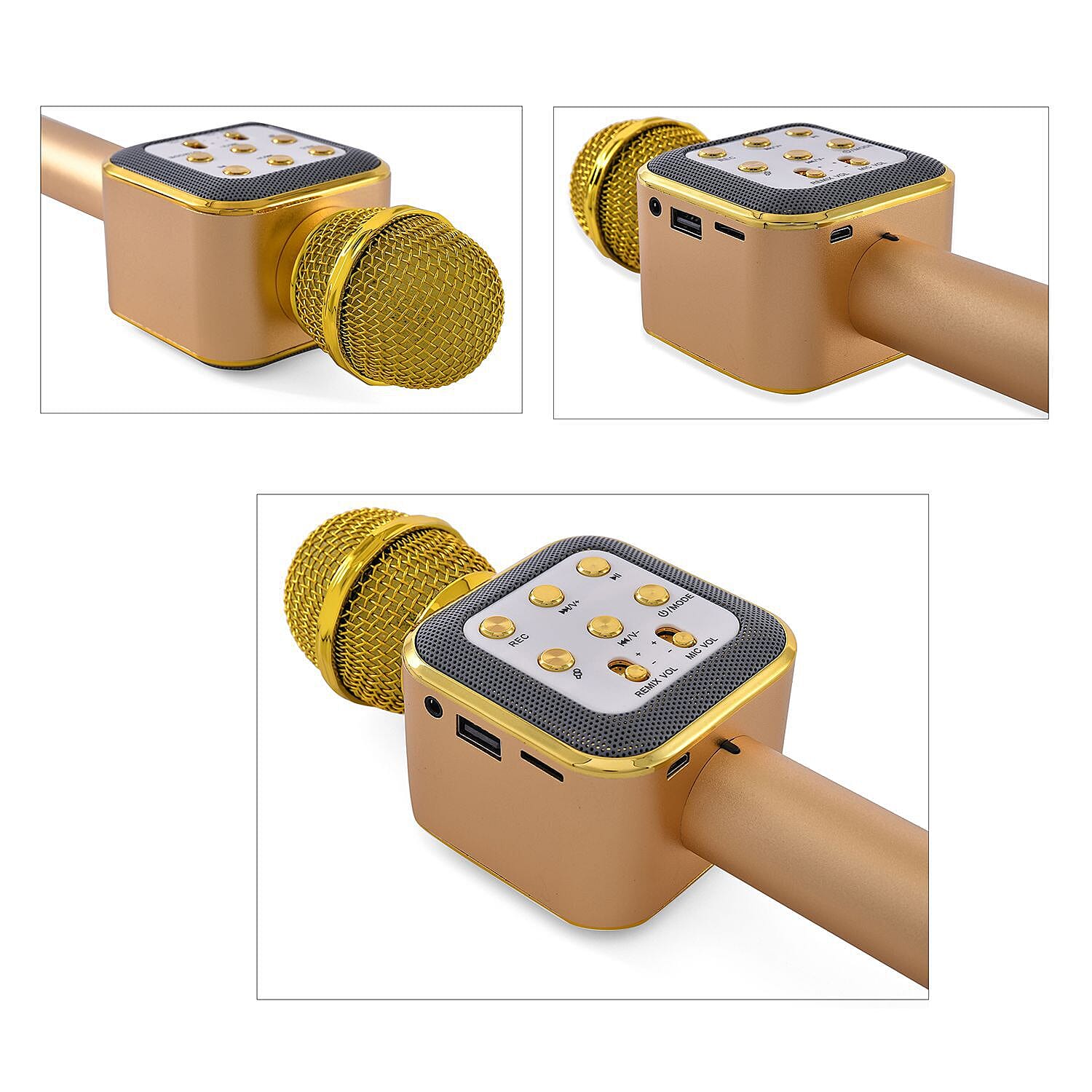 Karaoke Microphone in Gold with LED Lights, Speaker, Wireless Bluetooth, USB Charger - PLUS Records Voice, FM Radio & Selfie Mode