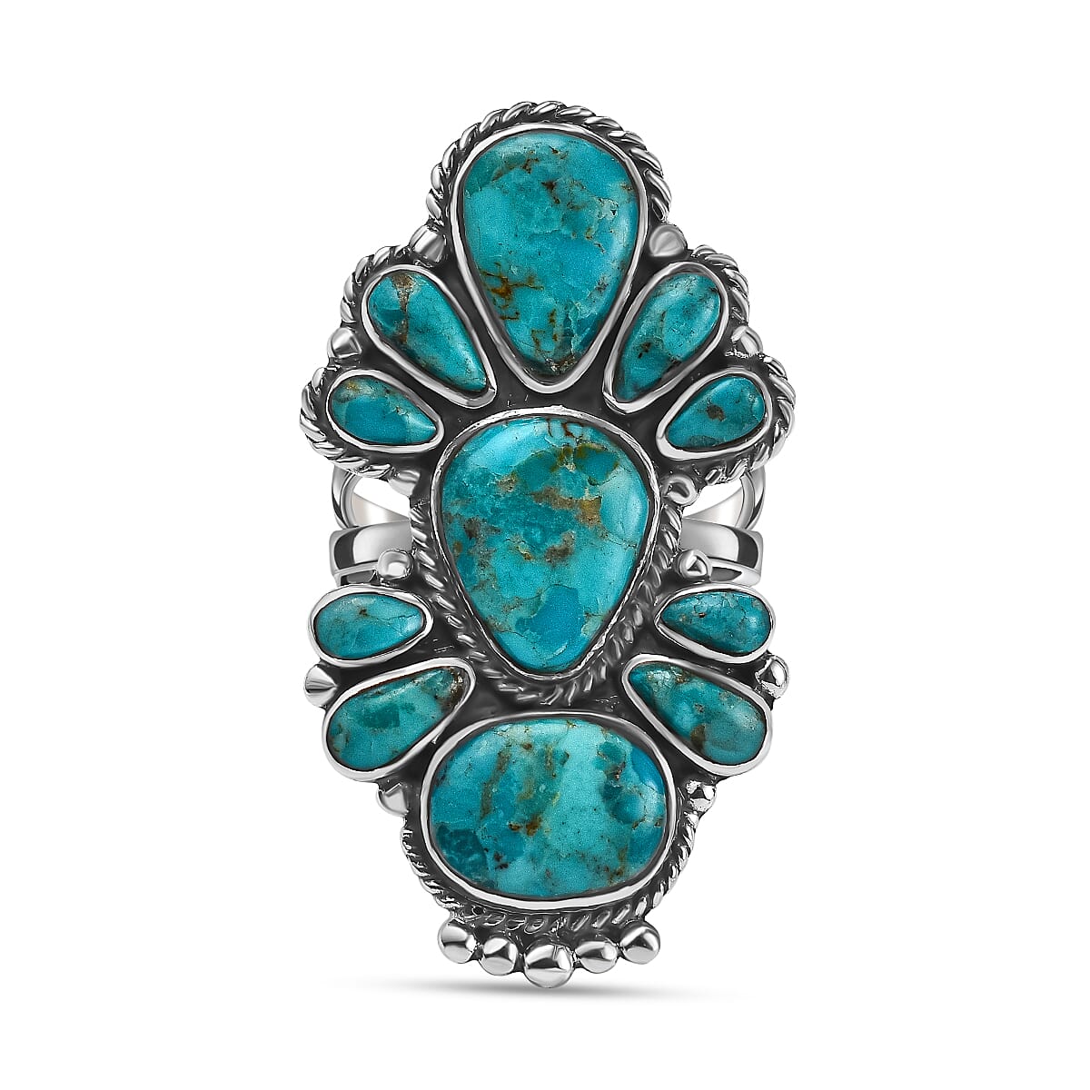 Santa Fe Collection - Turquoise Ring in Rhodium Overlay Sterling Silver 1.45 Ct, Silver Wt. 7.10 Gms