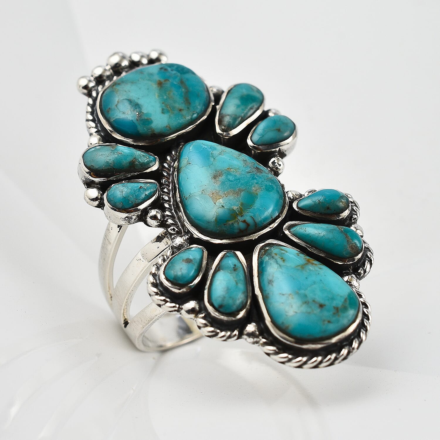 Santa Fe Collection - Turquoise Ring in Rhodium Overlay Sterling Silver 1.45 Ct, Silver Wt. 7.10 Gms