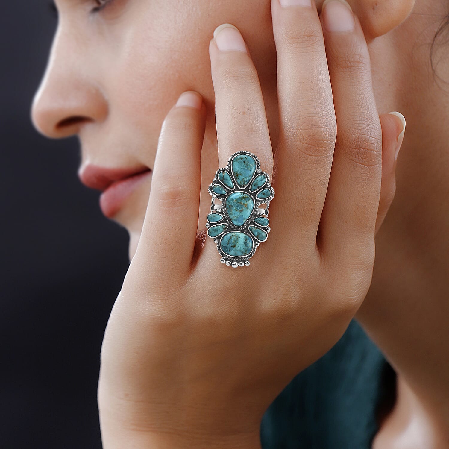 Santa Fe Collection - Turquoise Ring in Rhodium Overlay Sterling Silver 1.45 Ct, Silver Wt. 7.10 Gms
