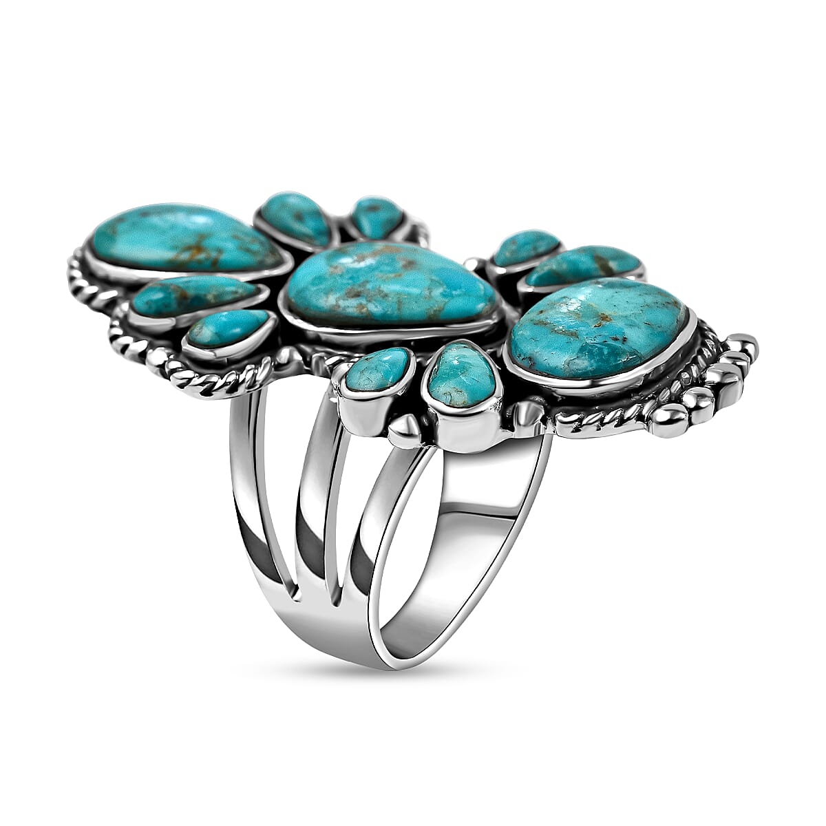 Santa Fe Collection - Turquoise Ring in Rhodium Overlay Sterling Silver 1.45 Ct, Silver Wt. 7.10 Gms
